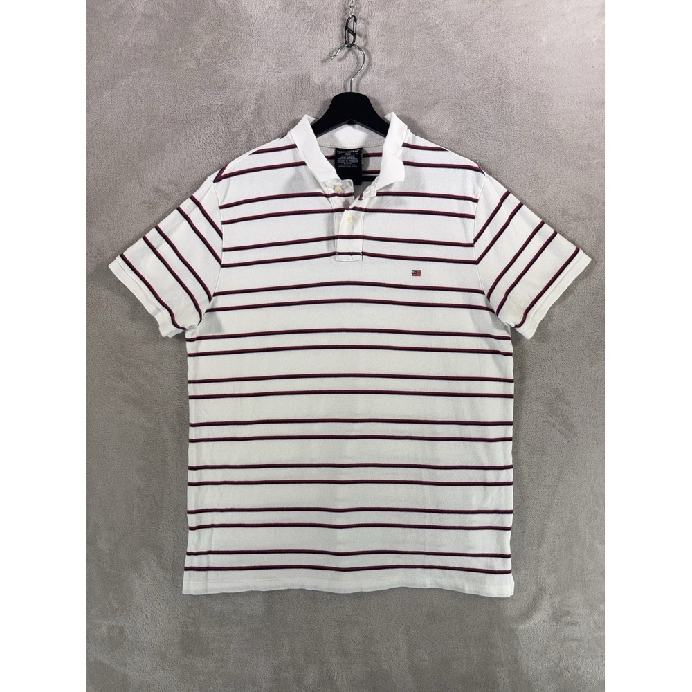 Polo Jeans Co. Ralph Lauren Polo Shirt Mens Large White Burgundy Striped Flag